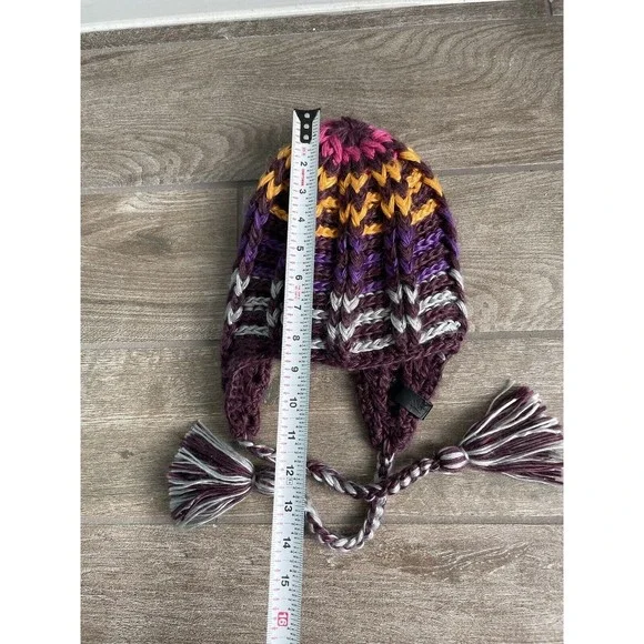 Volcom cable knit tasseled brown rainbow beanie hat LNC Adult One Size - Picture 4 of 7